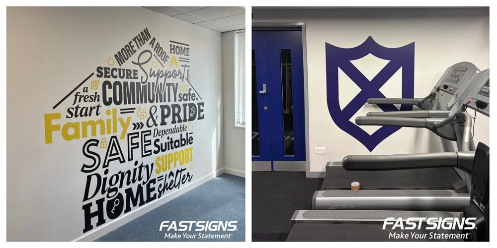 A collage of colorful interior wall graphics.